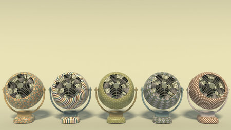Five colorful vintage retro fans with a pattern stand in a row. Isolated fans on a yellow-green...