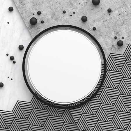 A round border frame on white marble stone and gray concrete surface with a triangular pattern. Copy space. Abstract geometric composition. 3D render.の写真素材