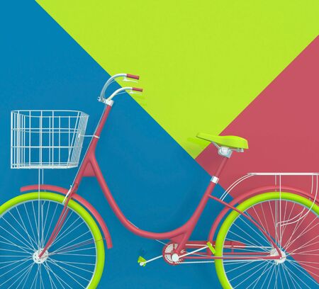 Old retro bicycle painted in bright colors on a colorful background. Abstract concept. 3D render.の写真素材