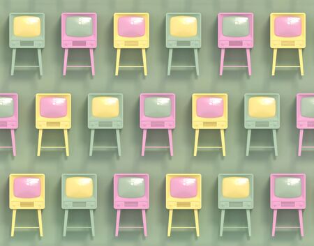 Seamless texture with old retro tv in pastel colors on a light green background. 3D illustration.の写真素材