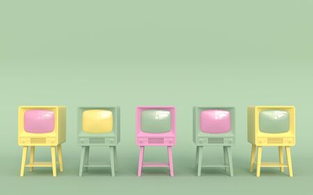 Old retro tv in pastel colors on a light green background standing in a row. Cartoon style. 3D illustration.の写真素材