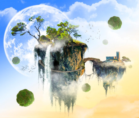 Fantasy green island flying in weightlessness. Creative writing