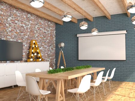 A meeting room with an empty white screen for the projector on the wall. The interior of the conference hall in loft style. 3D visualization.の写真素材