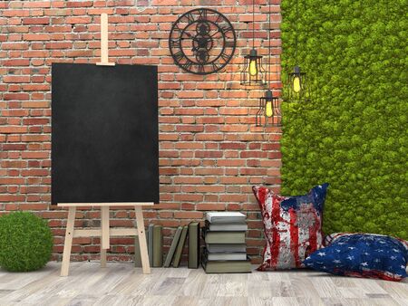 Easel with blank black canvas in the loft interior, 3d illustration.の写真素材