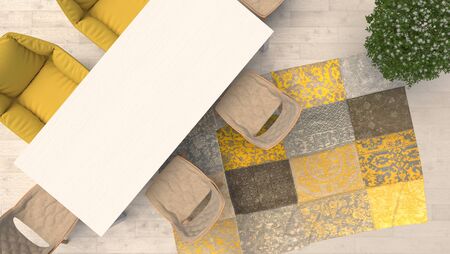 Empty white tabletop with yellow armchair standing on the parquet floor with carpet patchwork. Top view with copy space. 3D renderingの写真素材