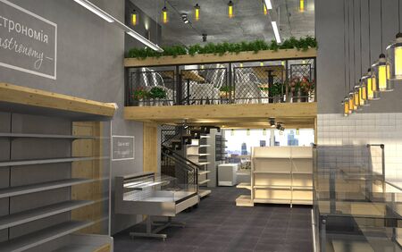 3d visualization of food store with a cafe inside. Public interior in the loft styleの写真素材