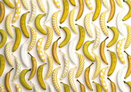 A lot of yellow and patterned bananas. Bananas with a funny cartoon coloring. Artwork design. Creative conceptual composition. 3D rendering.の写真素材