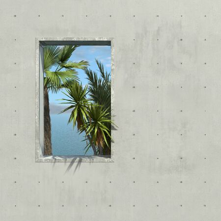Palm trees, the sea and clear sky are visible through the window opening of the concrete wall. Contrast between urban life and nature. Conceptual creative illustration with copy space. 3D rendering.の写真素材