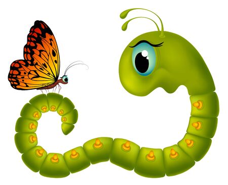 Vector cartoony goggle-eyed caterpillar looking at a butterfly on a white backgroundのイラスト素材