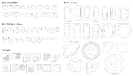 A set of equipment for the bathroom. Toilet bowl, urinal, sink, bath, shower on a white background. Top view.のイラスト素材