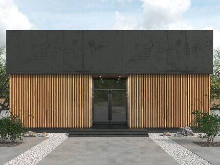 Modern building in loft style of a rectangular shape with flat roof. Facade with a glass entrance doors and wooden battens walls. Copy space. Place for logo. 3D renderingの写真素材