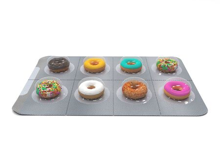 Small donuts in a blister instead of pills. Sweets packaging in serving size isolated on a white background. Creative concept. 3D render illustrationの写真素材