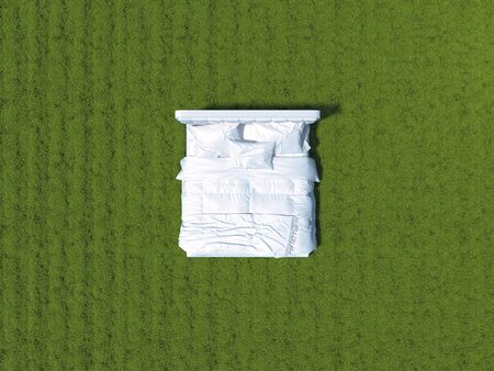 A bed with white linens stands outdoors on the grass in the meadow. White bed in open air surrounded by a landscape in a top view. Creative conceptual illustration with copy space. 3D renderingの写真素材