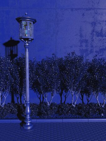 Dark night street in blue light. Sidewalk along the concrete wall of a building with a single old lantern in the moonlight. Monochrome blue illustration of the night city. 3D renderの写真素材