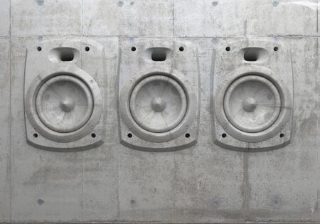 Cement sculpture in the shape of a sound speaker on a concrete facade wall. 3D wall panel of audio system. Creative conceptual modern art. Music wall. 3D renderingの写真素材