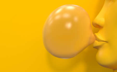 A yellow mannequin with a female face inflates a bubble of chewing gum. Yellow bubble gum on a yellow background. Creative conceptual illustration with copy space. 3D renderの写真素材