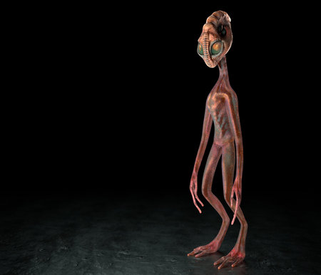 Humanoid alien in full growth on a black background. Conceptual creative illustration with copy...