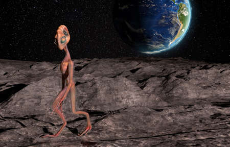 Alien on the surface of the moon and the planet Earth on a background. 3D rendering.の写真素材