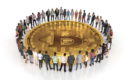 crypto community. A huge Bitcoin coin surrounded by a group of people on a white background. creative concept illustration. 3D rendering.の写真素材
