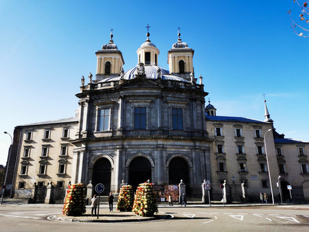 The main facade of the basilica on a beautiful winters day with bright blue sky.