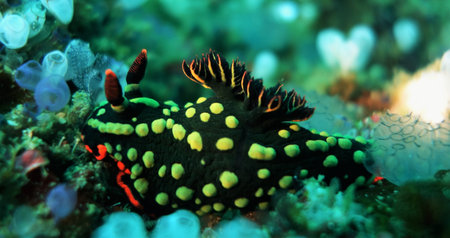 Green and black nudi with orange trim and spiky gills surrounded by tunicatesの写真素材