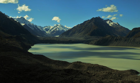 Amazing views of the large glacier and surrounding mountainsの写真素材