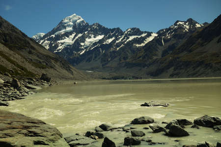 Glacier and summit of New Zealands highest peakの写真素材