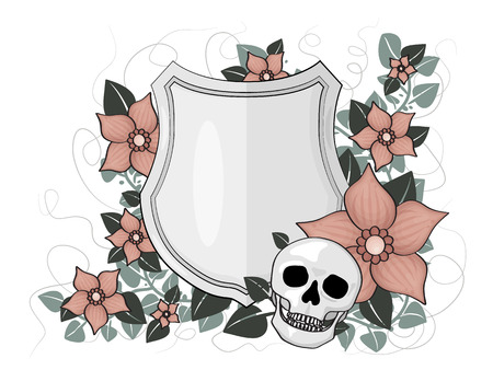 Illustraton of hield with skull and floral decorations.のイラスト素材