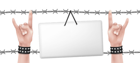 Isolated hanging card with hands with rock gesture surrounded by barbed wire.のイラスト素材