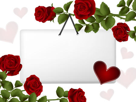 Blank white card on white background with gentle heart illustrations surrounded by beautiful red roses.のイラスト素材