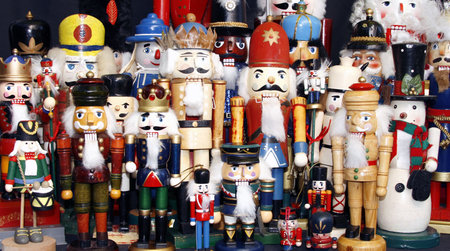 Colorfull collection of wooden Christmas nutcrackers, old and new.