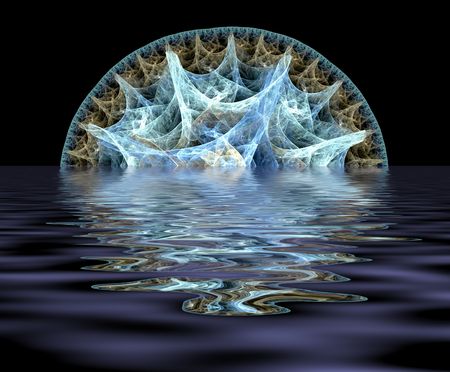Abstract blue orb emerging from water.の写真素材
