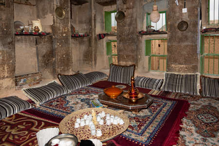 Coffee table in traditional Bait al Safah living room in Al Hamra, Omanのeditorial素材