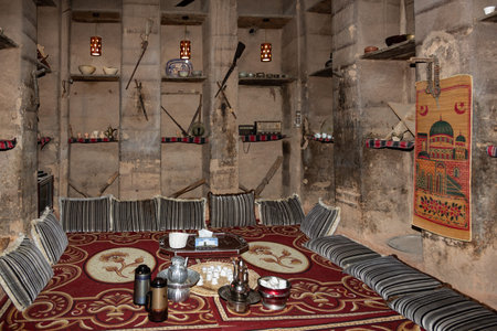 Coffee table in traditional Bait al Safah living room in Al Hamra, Oman