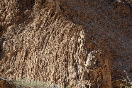 Tectonically stressed, rugged sediments showing as thin rock layers in Oman