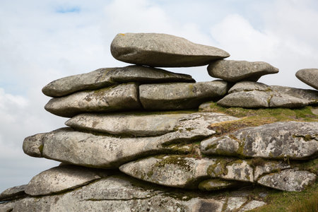 The Cheesewring stone cairns, a pile of large flat stones in Cornwall, UK