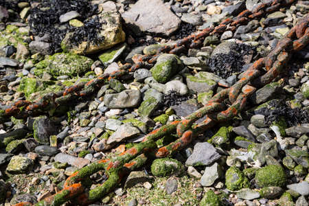 Moss-studded ship chains in Mousehole Harbor, Cornwall, UKの写真素材
