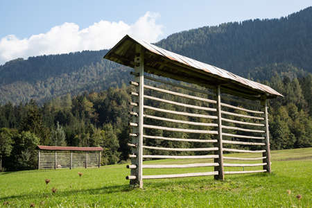 Empty hay rack in Julian Alps near Kranjska Gora, Sloveniaの写真素材