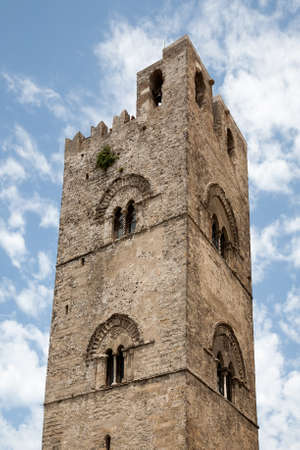 Torre di Federico, the bell tower of Erice cathedral, Erice, Sicily, Italyの写真素材