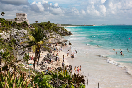 Tulum, Mexico - January 24, 2018: Playa Ruinas, a beach frequented by visitors to the Tulum archeological site, Quintana Roo, Yucatan peninsula, Mexicoのeditorial素材