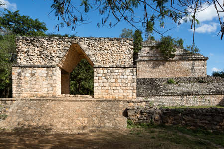 Entrance arch to Ancient Maya city of Ek Balam, Yucatan , Mexicoの写真素材
