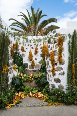 A Beautiful and Aesthetic Stone Wall Accentuated by Vibrant Tropical Plants and Flowers, Puerto de la Cruz, Tenerife, Spainの写真素材