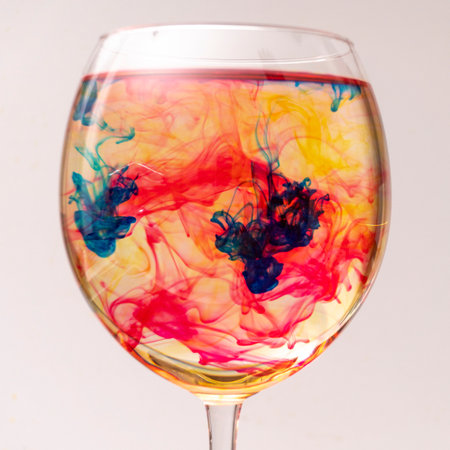 colorful ink drips into glass with water and creates beautiful streaks of colorの写真素材