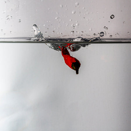 pepperoni drops with splash in clear waterの写真素材