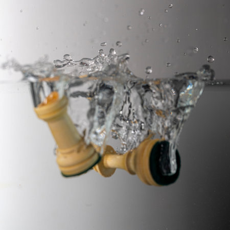 Some chess pieces drop with a splash in clear water