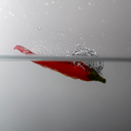 pepperoni drops with splash in clear waterの写真素材