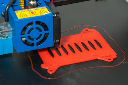 3D printer printing a red plastic model on a black background.