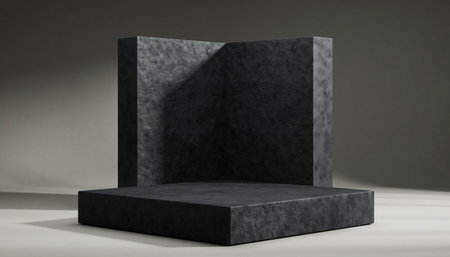 3D render of black marble podium for product presentation. Abstract background.の素材