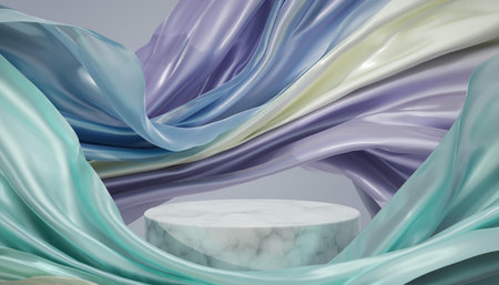3d render of white marble podium with silk cloth and waves.の素材