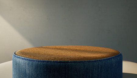 3d render of a blue leather stool on a gray wall backgroundの素材